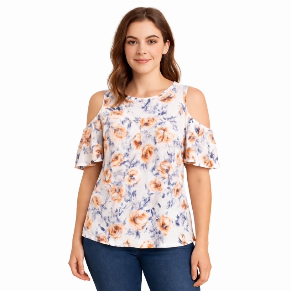 Blue Rain White Cold Shoulder Bohemian Keyhole Blouse Size Sm